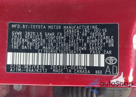 2016 Toyota Corolla Le Plus from USA, damaged, VIN 2T1BURHE1GC536473